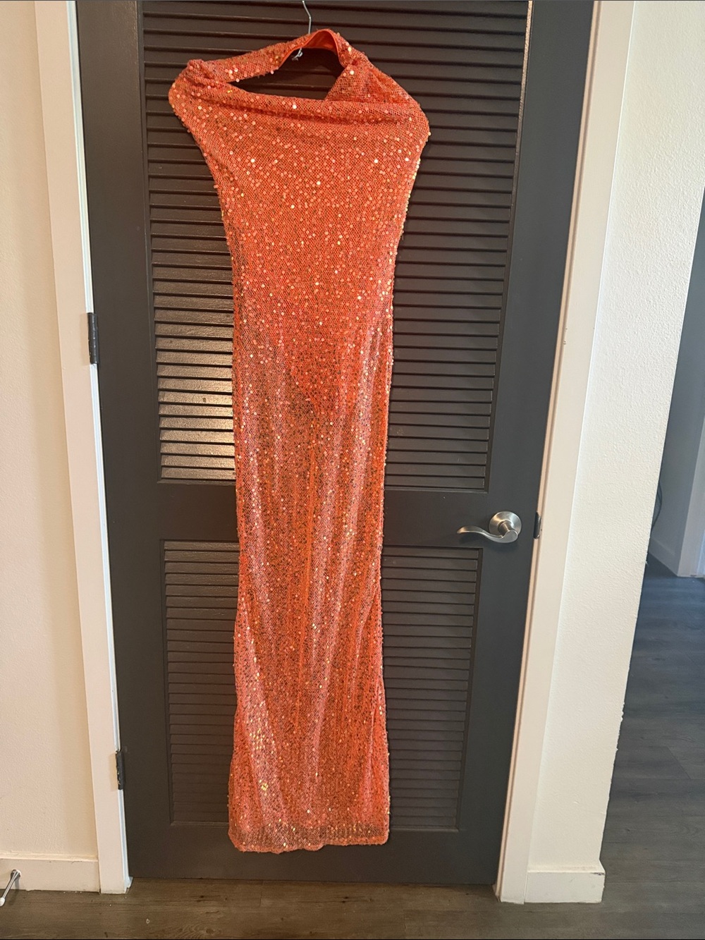 Orange Sequin Floor-Length Strapless Gown cow neck built in body suit